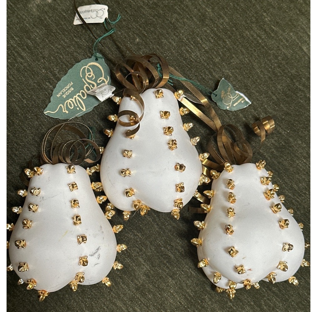 Vtg Dept 56 Espalier Bisque Pear Christmas Ornament Gold Stud Clove 3 pc retired
